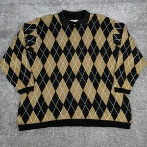 Vintage Alfred Dunner Sweater Womens 2XL Black Gold Argyle Polo Knit USA 90s
